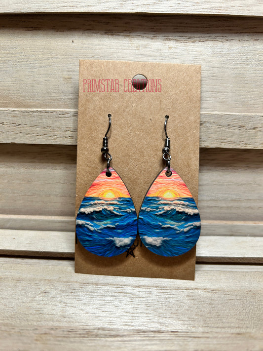 Embroidery Ocean Sunset Teardrop Earrings