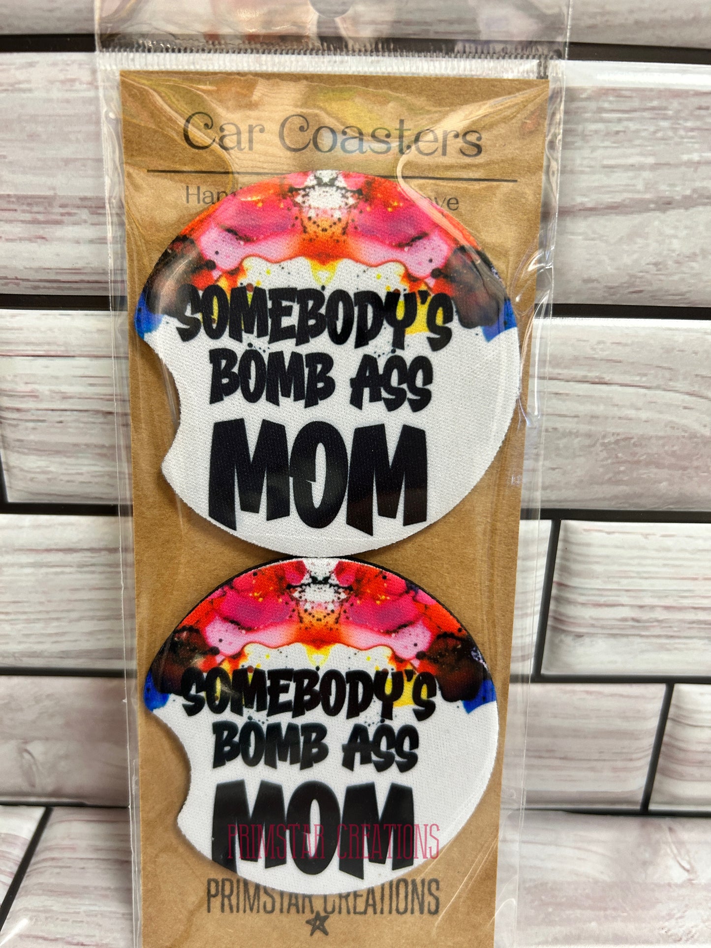 Somebody's Bomb Ass Mom Neoprene Car Coasters, Set of 2