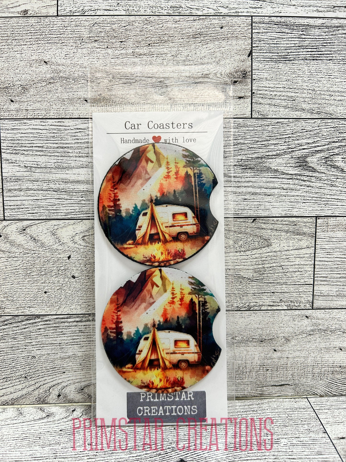 Watercolor Camping Neoprene Car Coasters, Set of 2