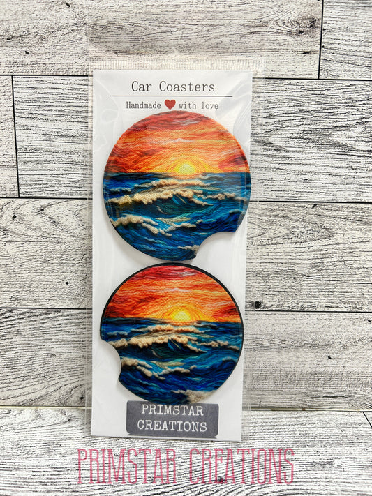 Embroidery Sunset Neoprene Car Coasters, Set of 2