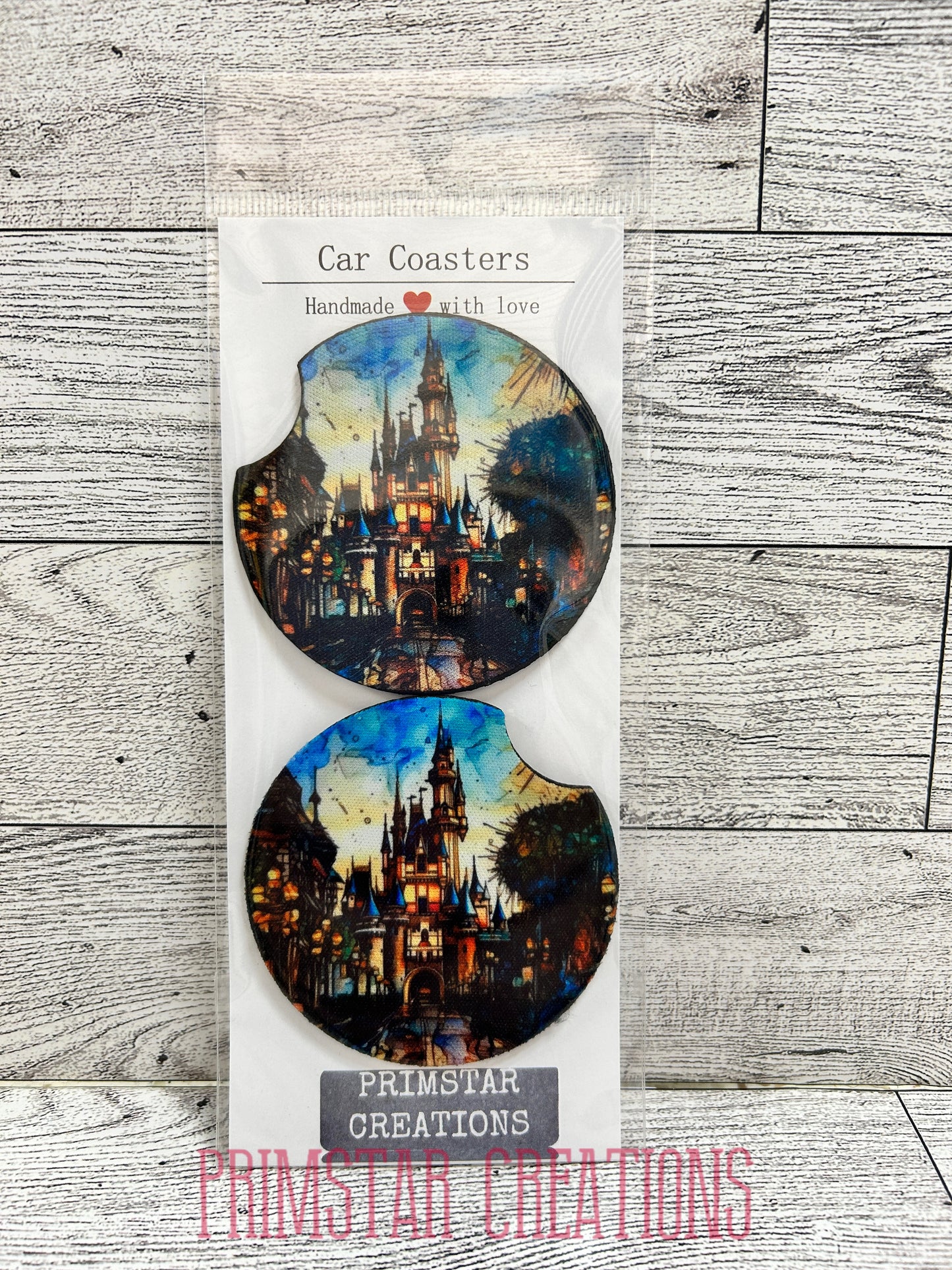 Watercolor Magical Castle Neoprene Car Coasters, Set of 2