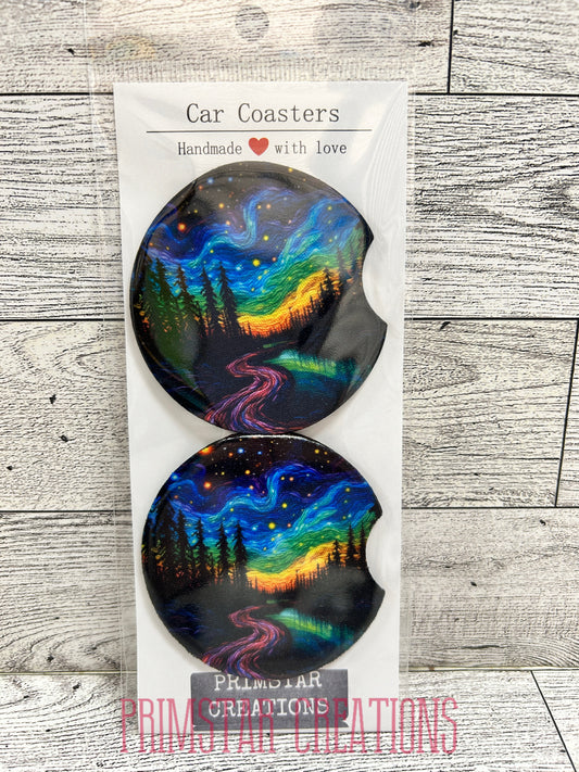 Embroidery Northern Lights Neoprene Car Coasters, Set of 2